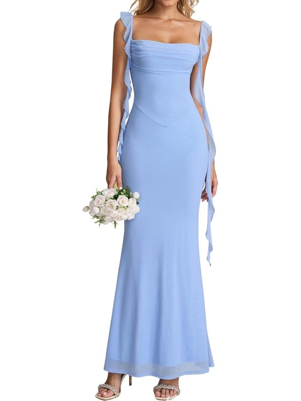 Women's Blue Boat Neck Elegant Ruffle Bodycon Formal Cocktail Maxi Dress